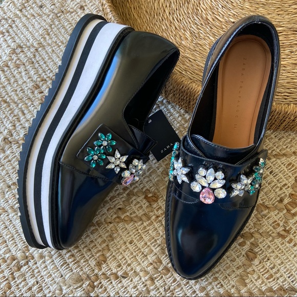 New Zara Trafaluc Bejeweled Platform black Shoes - Picture 2 of 14